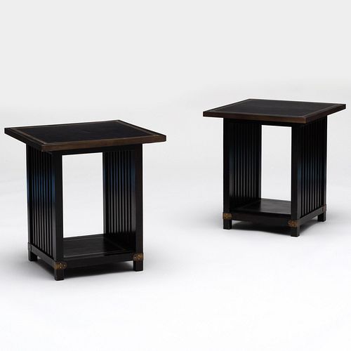 Pair of Modern Brass-Mounted Ebonized and Leather Side Tables, in the manner of Hans Hoffman