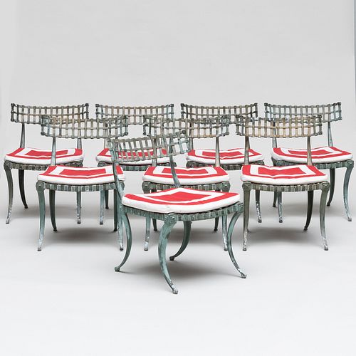 Set of Eight Painted Aluminum and Upholstered Klismos Chairs