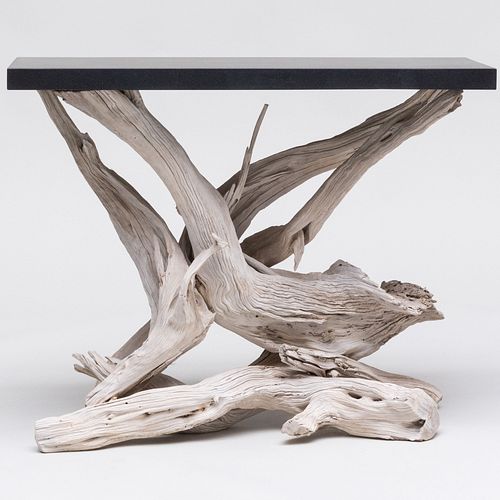 Contemporary Driftwood and Stone Console Table