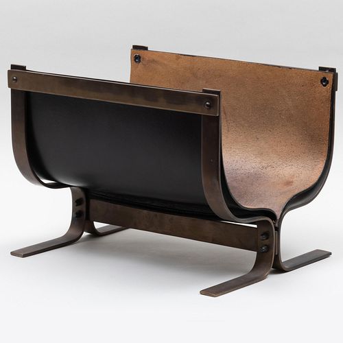 Brass-Mounted Leather Magazine Rack/ Log Holder, in the manner of Carl Aubock