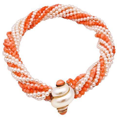 Italy Modernism Seashell Necklace In 14Kt Yellow Gold Coral & Pearls