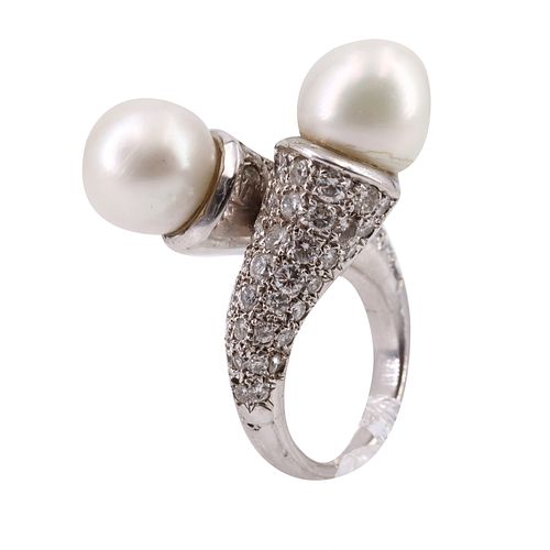 Art Deco Platinum Ring with Diamonds & Pearls