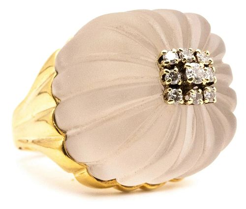 18k gold cocktail ring with carved rock crystal and diamonds
