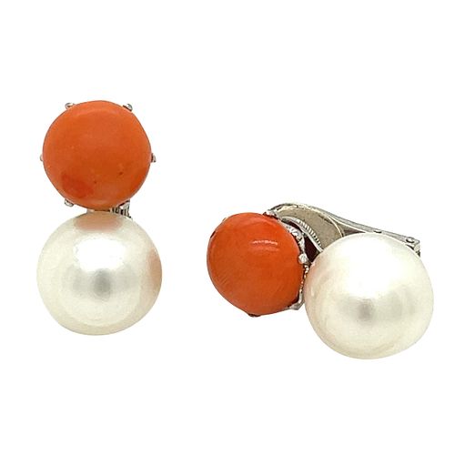 Art Deco Platinum South Sea Pearl & Coral Earrings