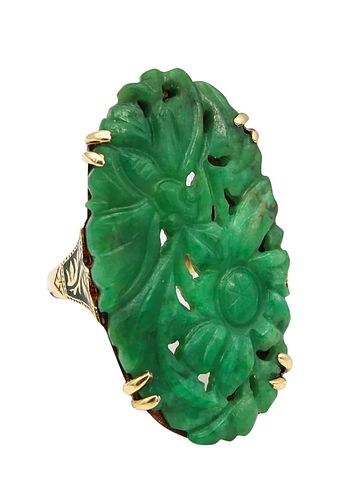 Art Deco Chinoiserie Enameled Oval Ring In 14Kt Gold With Nephrite Jade