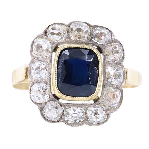 Art Deco 18k Gold Ring with Sapphire & Diamonds