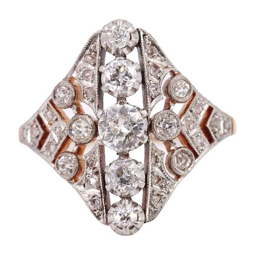 18k Gold & Platinum Art Deco Ring with Diamonds