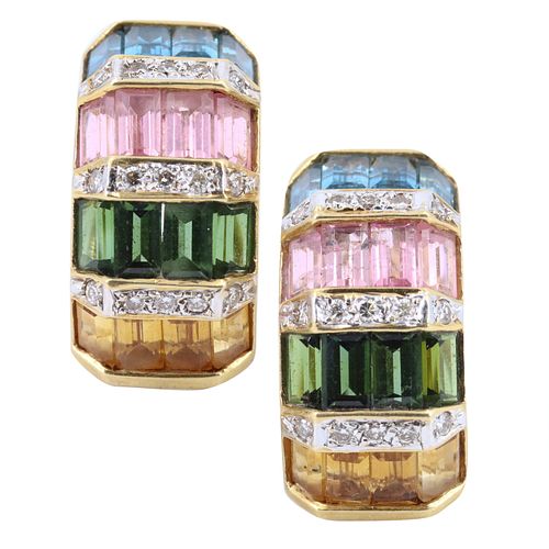 Multi-color gemstones & Diamonds Hoop Earrings in 18k Gold