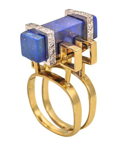 Jack Gutschneider 1960 Geometric Ring In 14Kt Gold With Diamonds & Lapis