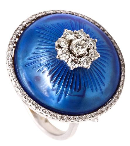 Ring In 18Kt Gold With Blue Enamel And 1.08 Cts Diamonds