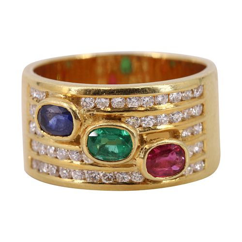 Multicolor gemstones & Diamonds 18k yellow Gold Ring