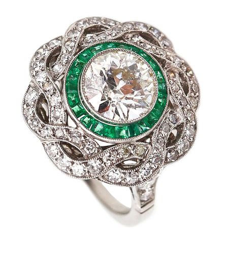 Art Deco Ring In Platinum With 3.23 Ctw In Diamonds & Emeralds
