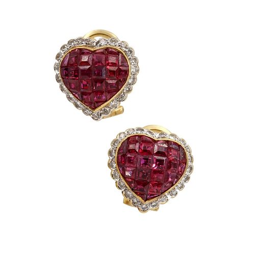Rubies & Diamonds 18k Gold heart Earrings