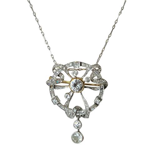Art Deco Platinum & 18K Diamond Pendant/Brooch w/Chain