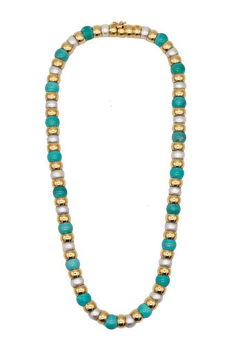 Cartier Paris Necklace In 18K Gold With Turquoises & Pearls