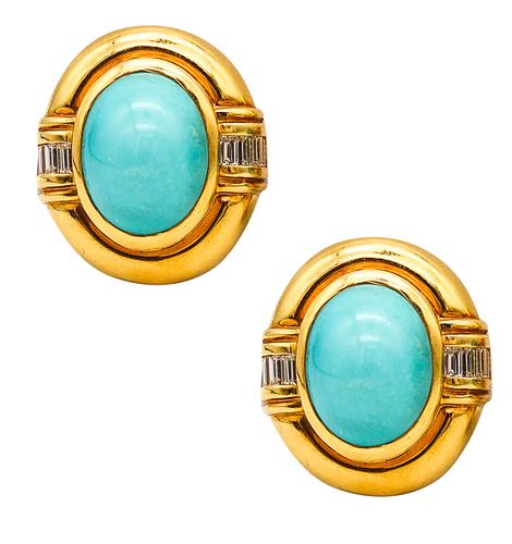Modernist Clip Earrings In 18K Gold With 29.14 Ctw In Turquoises & Diamonds