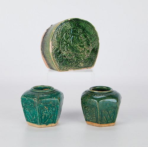 3 Chinese Green Glazed Ceramics - Jars & Pillow
