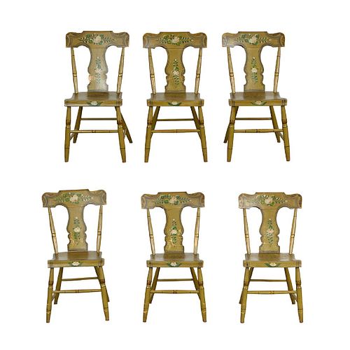 6 Painted 19th c. Side Chairs Plank Seat
