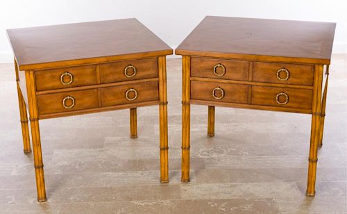 Fruitwood Parquetry Top End Tables, Pair