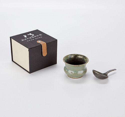 Chinese Celadon Porcelain Jun Ware Pot w/ Spoon