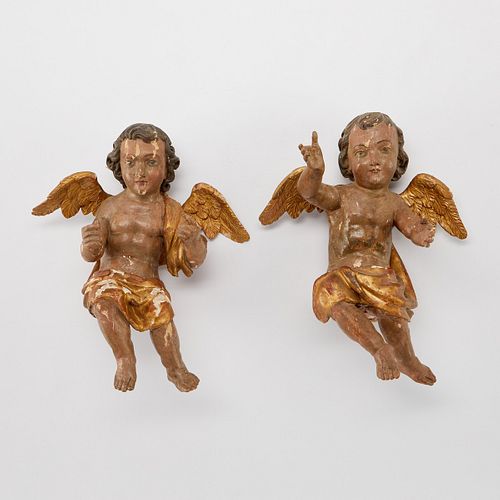 Pair of 19th c. Carved Gessoed Wooden Angels