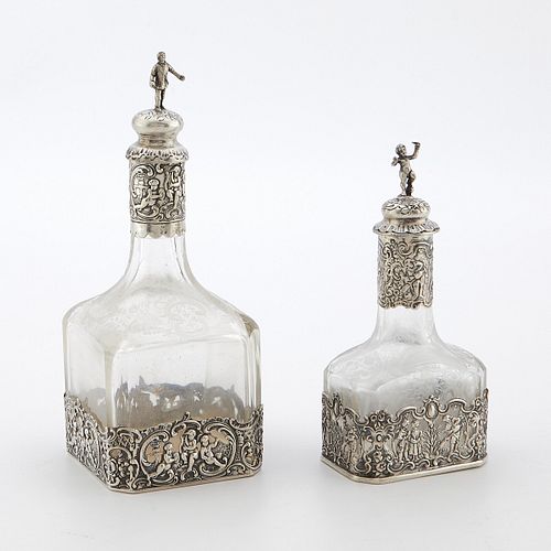 2 German 800 Silver Etched Glass Bottles