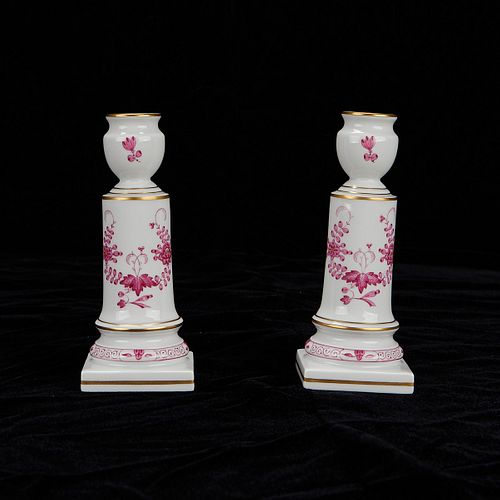 Pair of Meissen Indian Rich Pink Candleholders