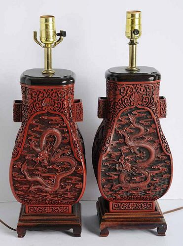 Pair of Cinnabar Urns Mounted as Lamps
