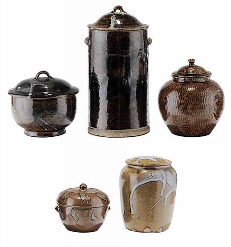 Five Covered Stoneware Jars