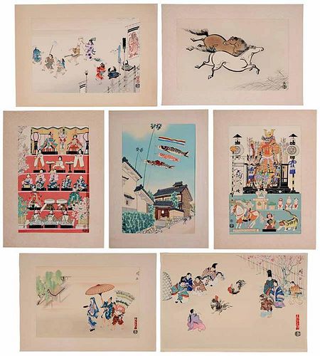 Portfolio of Seven Woodblock Prints on