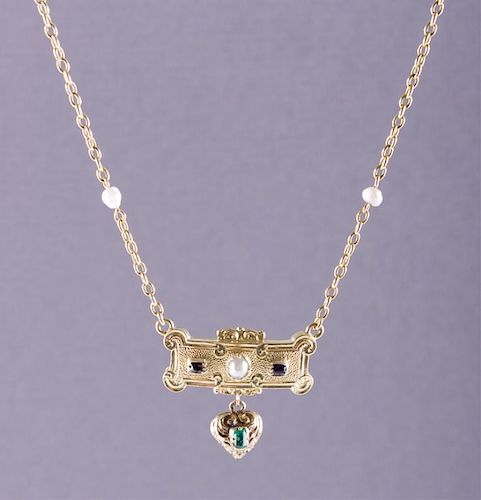 Antique 14K Seed Pearl, Garnet & Emerald Necklace