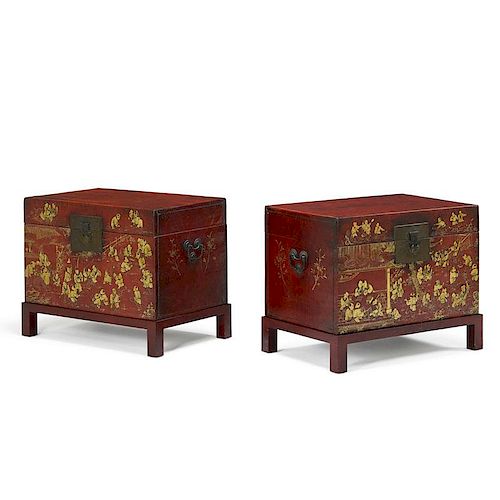 PAIR OF CHINESE LEATHER BOUND TRUNKS ON STAND