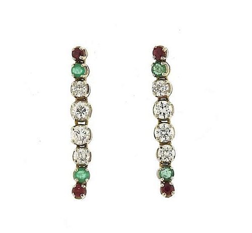 14k Gold Diamond Ruby Emerald Long Earrings