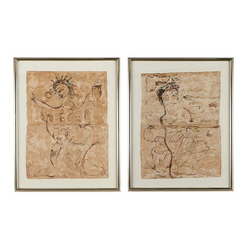 2 Jamali "Dancing Figure" Sumi on Bark Paintings