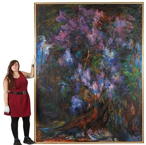 Birney Quick Lilac Bush & Peacocks Oil Painting