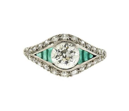 Art Deco Platinum Diamond Emerald Engagement Ring