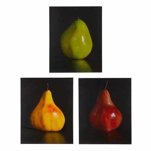3 Tom Seghi Pear Paintings - Red, Green, Yellow