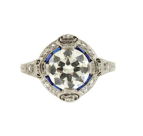 Art Deco Platinum Diamond Sapphire Engagement Ring