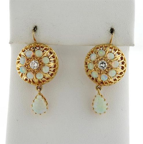 14k Gold Opal Diamond Drop Earrings