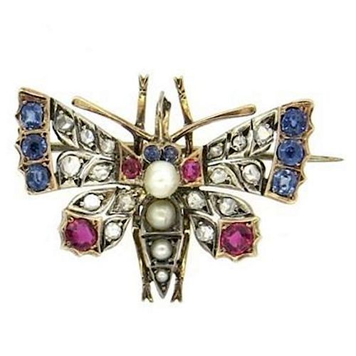 Antique Rose Cut Diamond Ruby Pearl Sapphire Gold Butterfly Brooch Pin