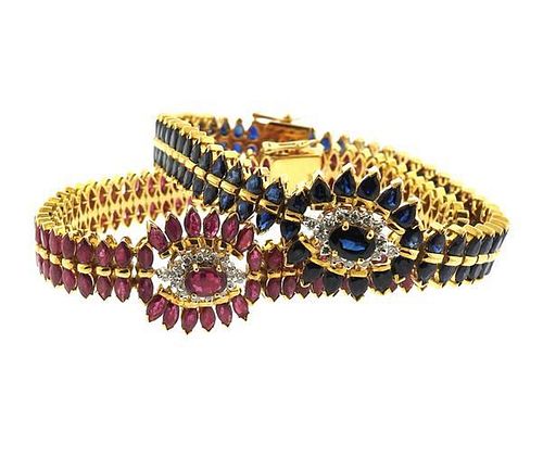 Vintage 18K Gold Diamond Ruby Sapphire Bracelet Lot of 2