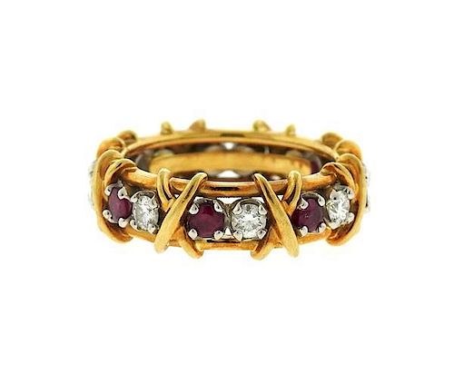 Tiffany &amp; Co Schlumberger 18K Gold Platinum Diamond Ruby Band Ring