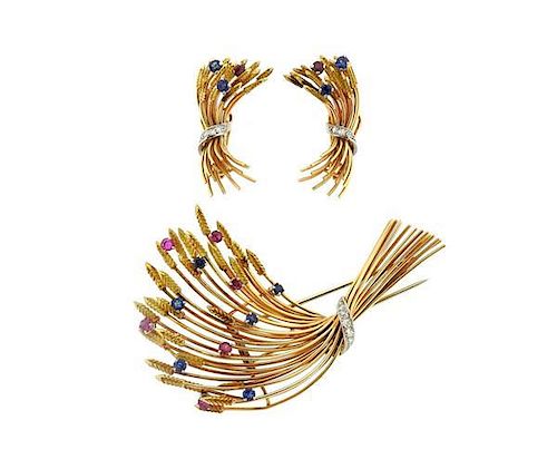 18k Gold Sapphire Ruby Diamond Wheat Bushel Earrings Brooch