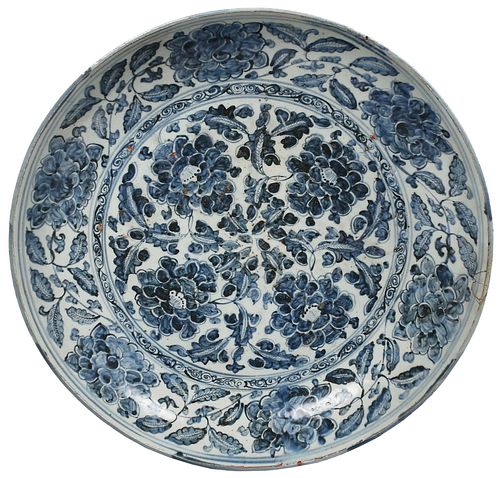 Large Chinese Blue and White Peony Charger