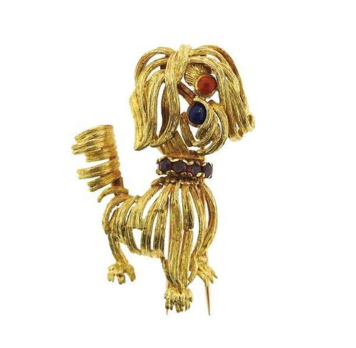 1960s 18k Gold Multi Gemstone Dog Brooch Pin
