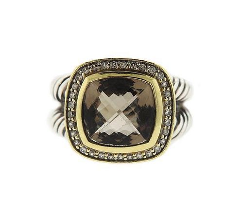 David Yurman Albion Sterling 18K Gold Smokey Quartz Diamond  Ring