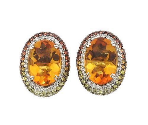 18k Gold Multi Color Sapphire Diamond Quartz Earrings