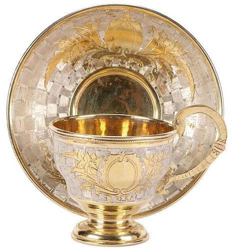 RUSSIAN SILVER TROMPE L'OEIL CUP AND SAUCER