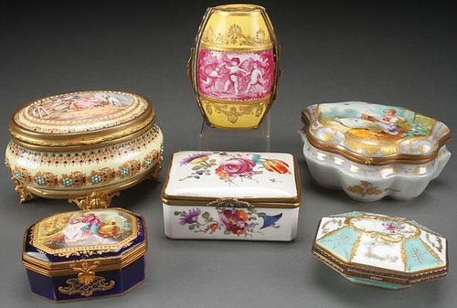 SIX CONTINENTAL DECORATED PORCELAIN BOXES