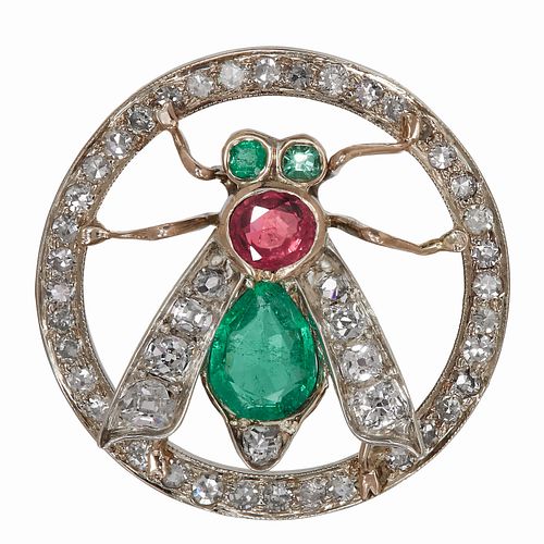 VICTORIAN EMERALD RUBY AND DIAMOND FLY BROOCH